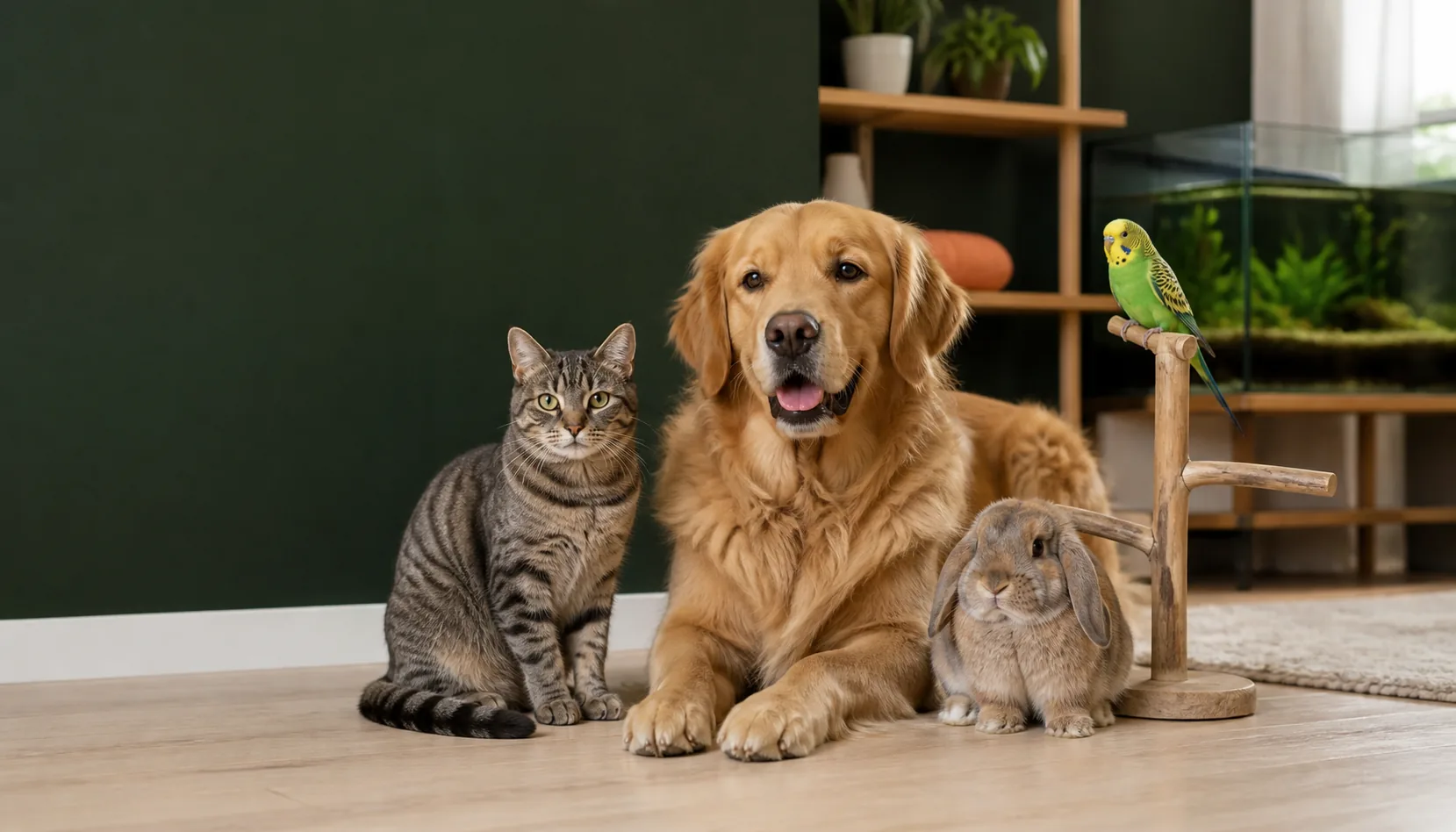 Hund, Katze, Kaninchen und Wellensittich gemeinsam in einem ruhigen Zuhause